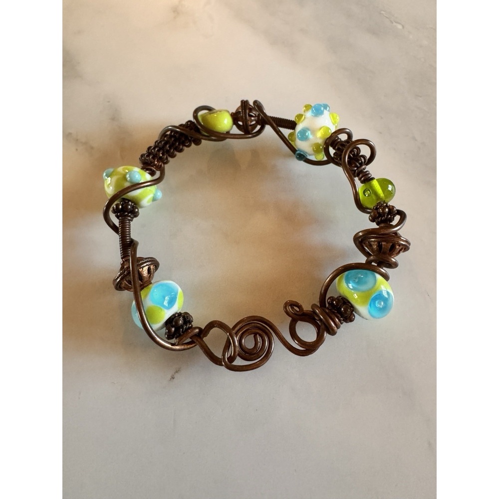 Artisan Lampwork Glass Bead Copper Wire Wrap Bracelet Boho Festival